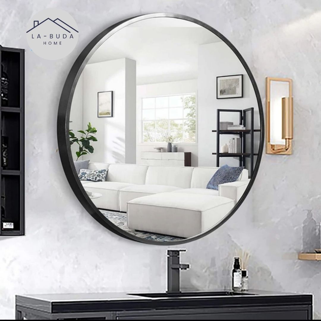 Lustro okrągłe ścienne w czarnej aluminiowej ramie 60cm loft salon łazienka