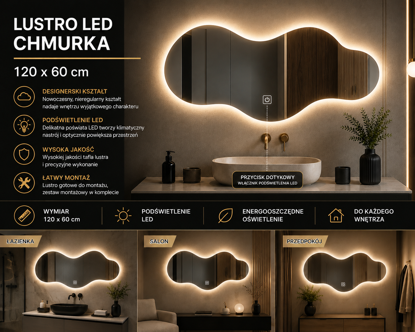 Lustro LED w kształcie chmurki