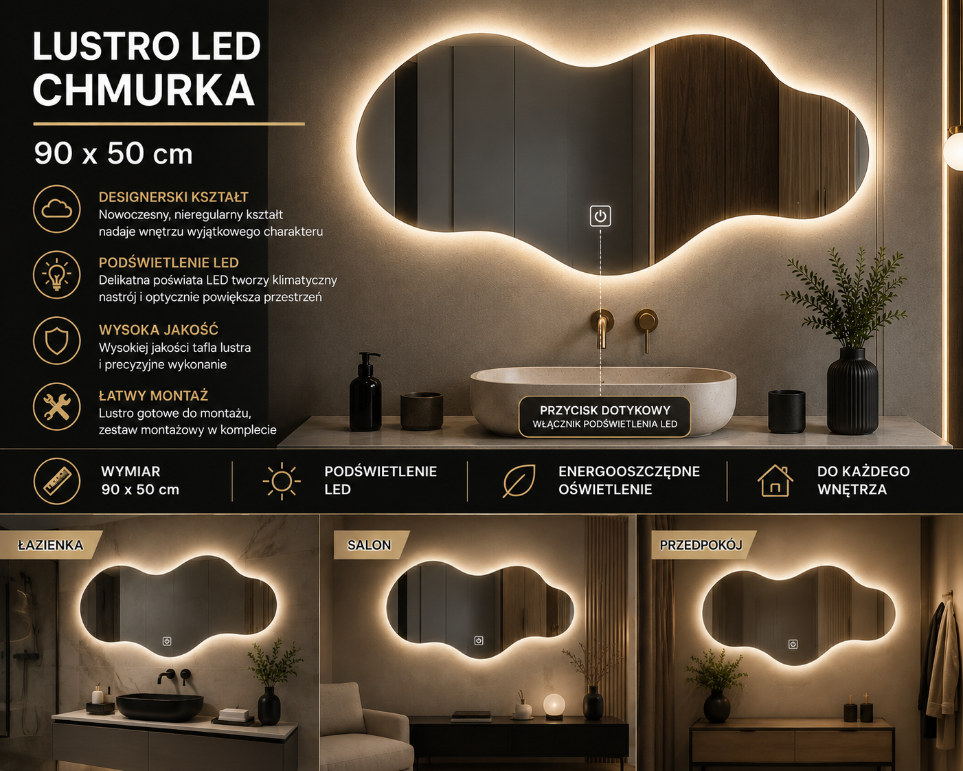 Lustro LED w kształcie chmurki