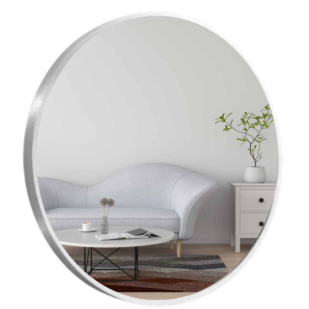 Lustro okrągłe ścienne w srebrnej aluminiowej ramie 70 loft salon łazienka