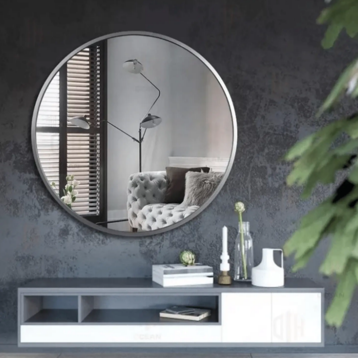 Lustro okrągłe ścienne w srebrnej aluminiowej ramie 70 loft salon łazienka