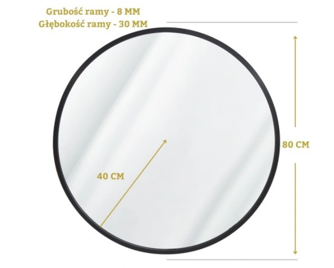 Lustro okrągłe ścienne w czarnej aluminiowej ramie 80cm loft salon łazienka
